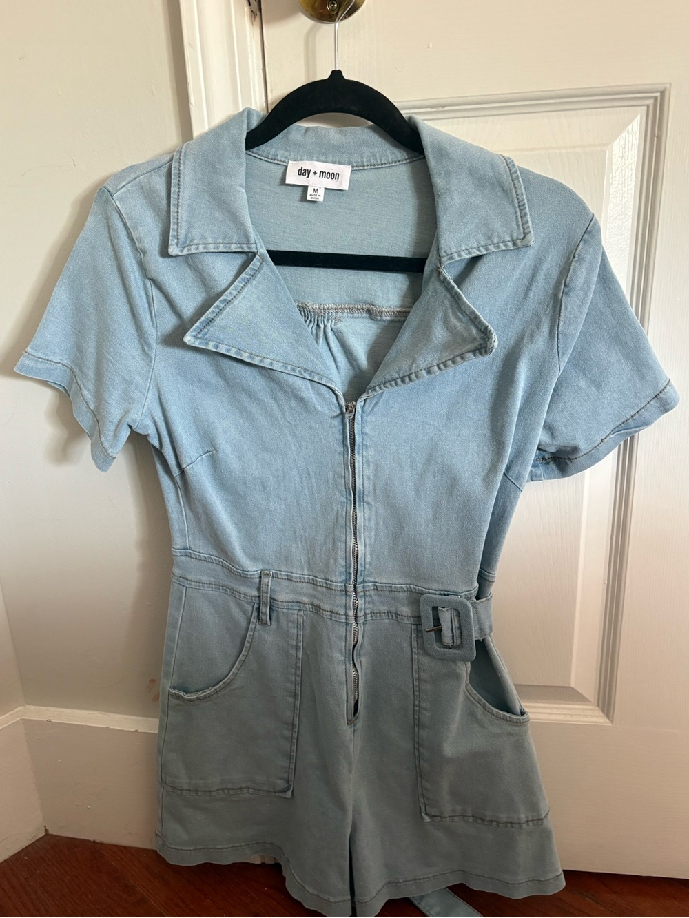 day + moon Light Blue Denim Short Sleeve Romper